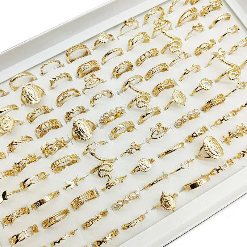 30pc/Lot Gold Color Finger Rings For Girls New Love Snake Animal Butterfly Cutout Star Pearl Thin Joint Ring Party Jewelry Women - QueensalesOF