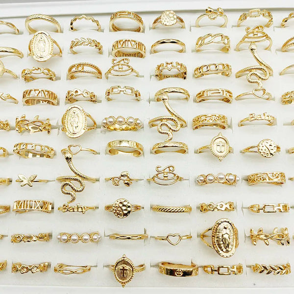 30pc/Lot Gold Color Finger Rings For Girls New Love Snake Animal Butterfly Cutout Star Pearl Thin Joint Ring Party Jewelry Women - QueensalesOF