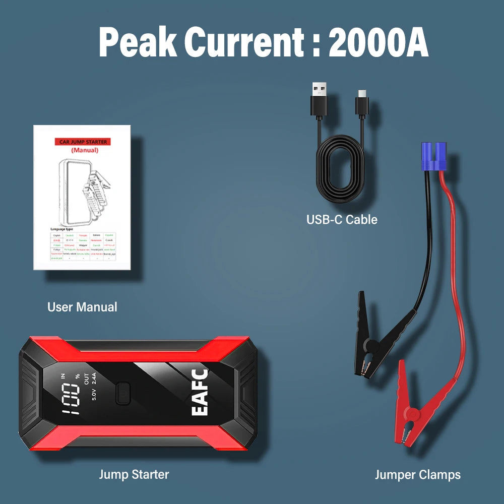 2000A/1200A Car Jump Starter Portable Power Bank 600A Car Battery Emergency Booster for Petrol Diesel 12V Car Starting Device
