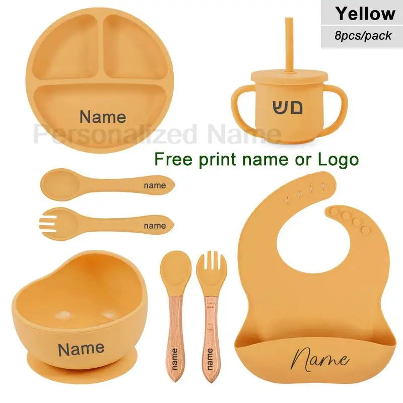 8Pcs Feeding Set For Baby Personalized Name Silicone Tableware Sucker Bowl Plate For Kids Feeding Cup With Straw Dinner Plate