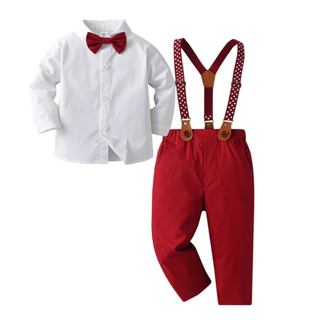 1 2 3 4 5 6Y Wedding Flower Boy Costume Classic White Shirt with Star Printed Suspender Set Children Kid Autumn Christmas Outfit