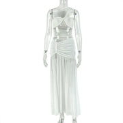 Women's One-Shoulder Strap Crop Bra Tops & Gauze Spliced Draped Split Long Skirt, 2pcs Set - QueensalesOF