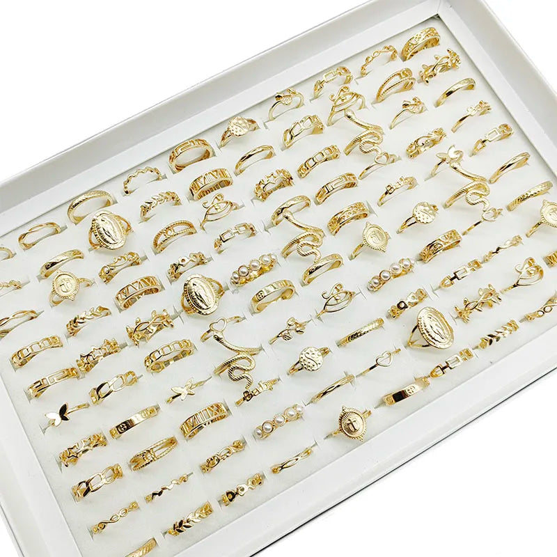 30pc/Lot Gold Color Finger Rings For Girls New Love Snake Animal Butterfly Cutout Star Pearl Thin Joint Ring Party Jewelry Women - QueensalesOF