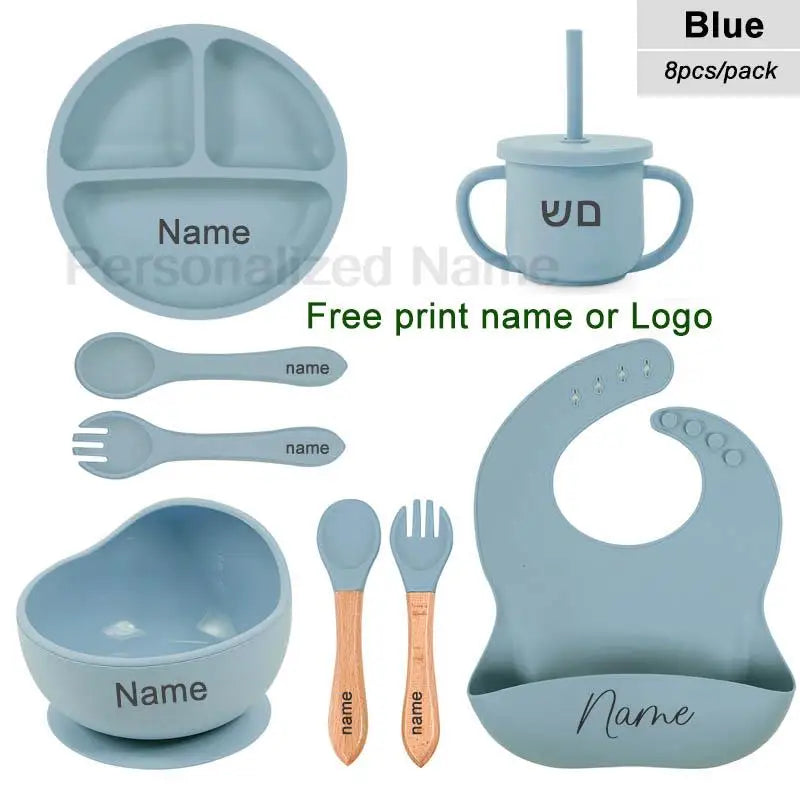 8Pcs Feeding Set For Baby Personalized Name Silicone Tableware Sucker Bowl Plate For Kids Feeding Cup With Straw Dinner Plate