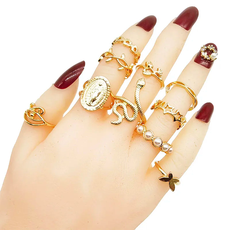 30pc/Lot Gold Color Finger Rings For Girls New Love Snake Animal Butterfly Cutout Star Pearl Thin Joint Ring Party Jewelry Women - QueensalesOF