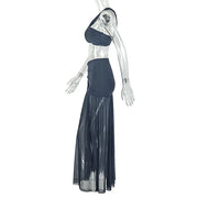 Women's One-Shoulder Strap Crop Bra Tops & Gauze Spliced Draped Split Long Skirt, 2pcs Set - QueensalesOF