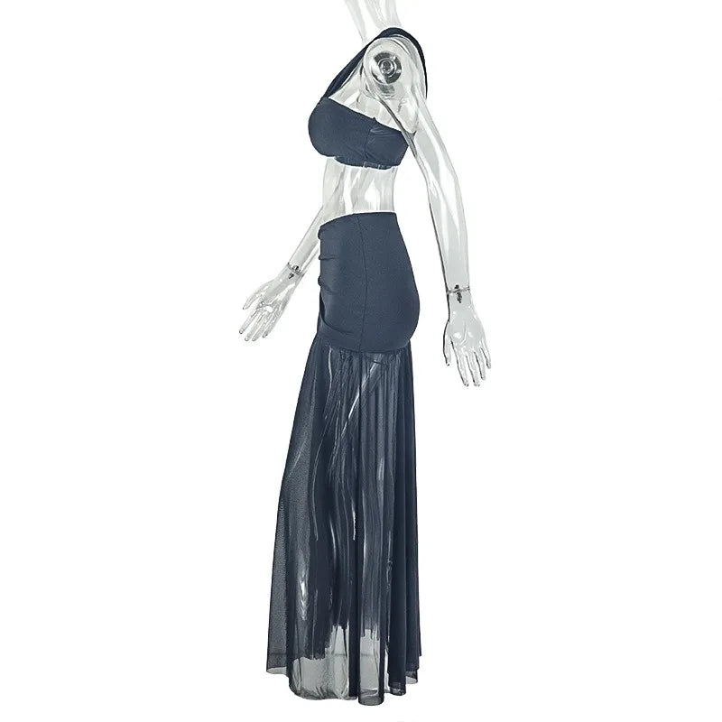 Women's One-Shoulder Strap Crop Bra Tops & Gauze Spliced Draped Split Long Skirt, 2pcs Set