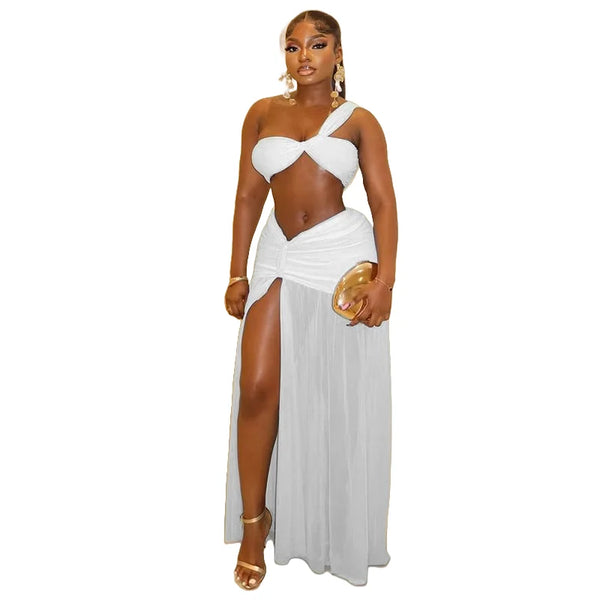 Women's One-Shoulder Strap Crop Bra Tops & Gauze Spliced Draped Split Long Skirt, 2pcs Set - QueensalesOF