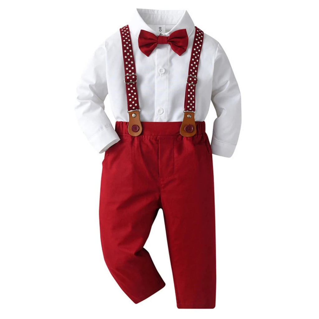 1 2 3 4 5 6Y Wedding Flower Boy Costume Classic White Shirt with Star Printed Suspender Set Children Kid Autumn Christmas Outfit