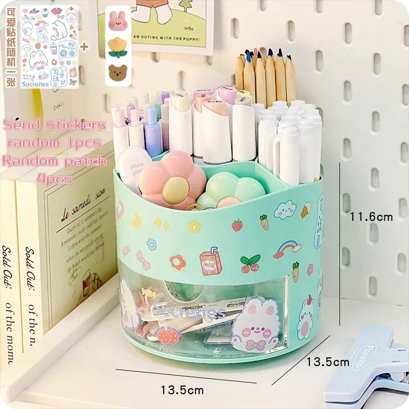 Cute Rotating Pen Holder Desktop Drawer Stationery Box Case School Office Desk Kawaii Stationery Storage Box Organizer Stickers - QueensalesOF