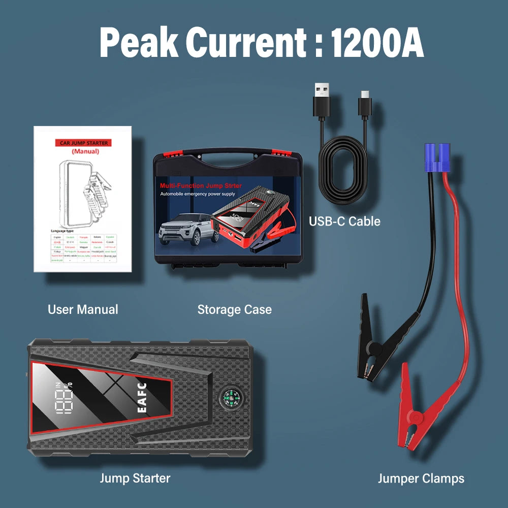 2000A/1200A Car Jump Starter Portable Power Bank 600A Car Battery Emergency Booster for Petrol Diesel 12V Car Starting Device