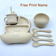 8Pcs Feeding Set For Baby Personalized Name Silicone Tableware Sucker Bowl Plate For Kids Feeding Cup With Straw Dinner Plate - QueensalesOF