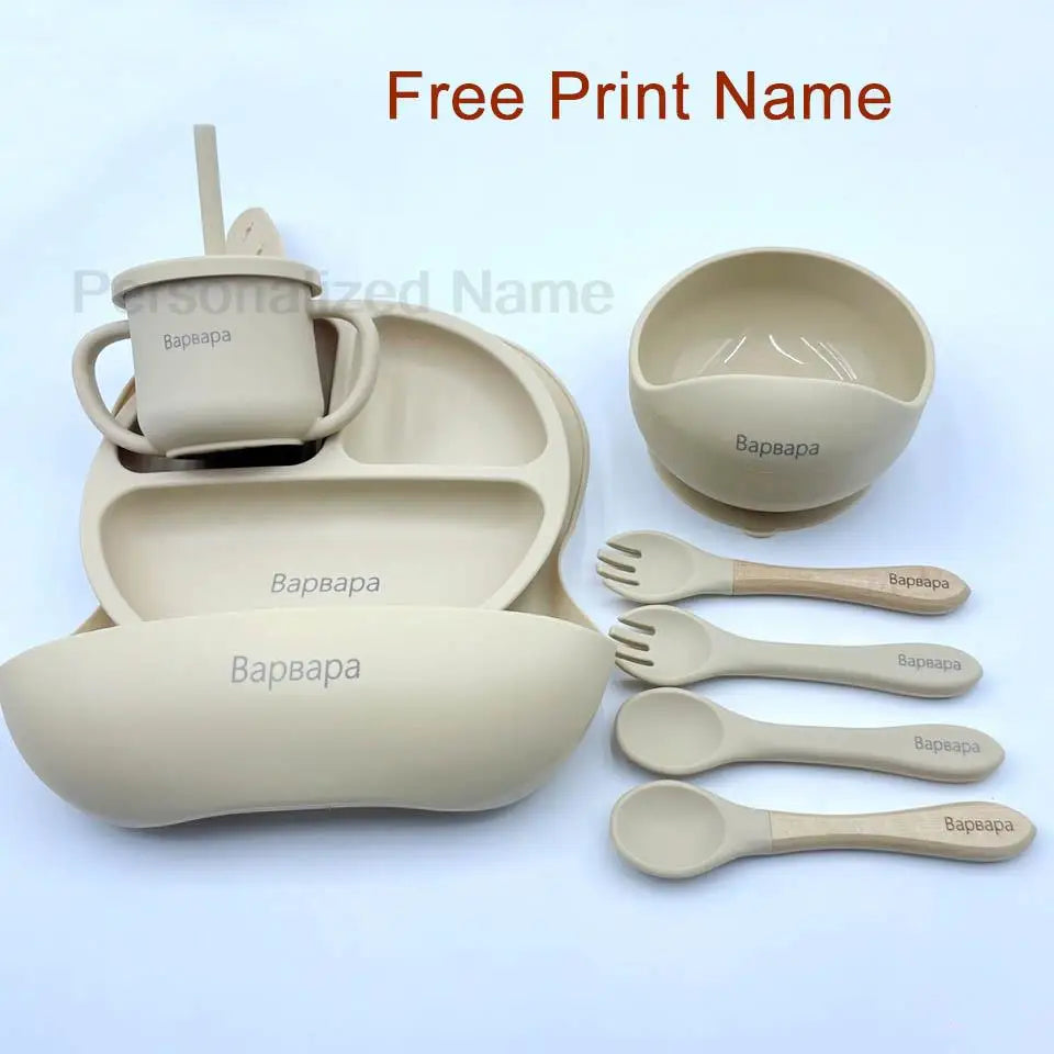 8Pcs Feeding Set For Baby Personalized Name Silicone Tableware Sucker Bowl Plate For Kids Feeding Cup With Straw Dinner Plate