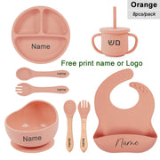 8Pcs Feeding Set For Baby Personalized Name Silicone Tableware Sucker Bowl Plate For Kids Feeding Cup With Straw Dinner Plate - QueensalesOF