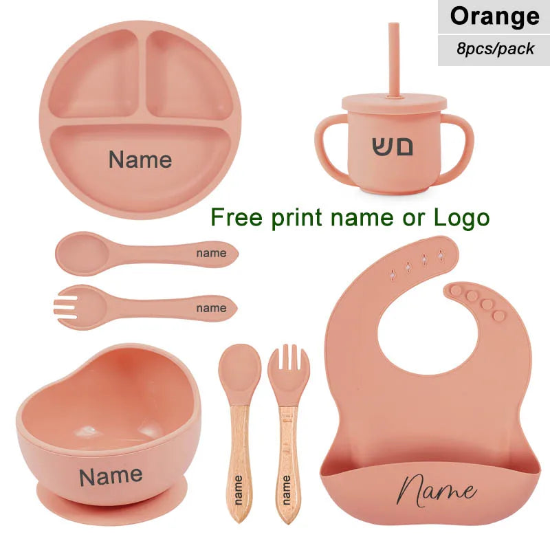 8Pcs Feeding Set For Baby Personalized Name Silicone Tableware Sucker Bowl Plate For Kids Feeding Cup With Straw Dinner Plate