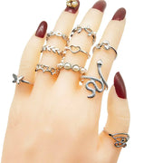 30pc/Lot Gold Color Finger Rings For Girls New Love Snake Animal Butterfly Cutout Star Pearl Thin Joint Ring Party Jewelry Women - QueensalesOF