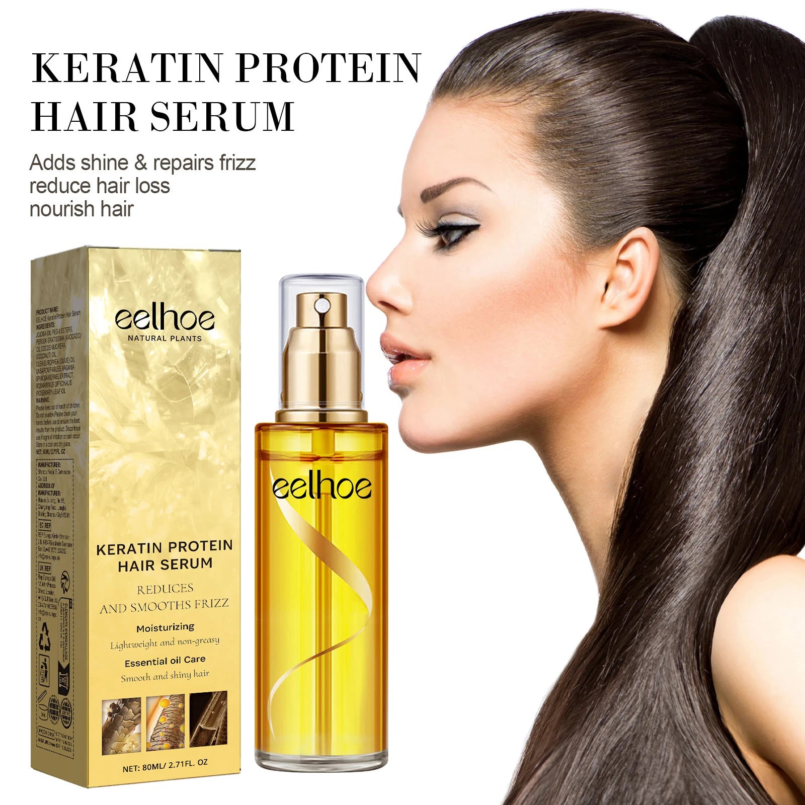 EELHOE Keratin Hair Growth Serum Natural Repair Essence Spray for Dry Curly Hair Hydrate Smooth Frizz Control Growing Hair Care