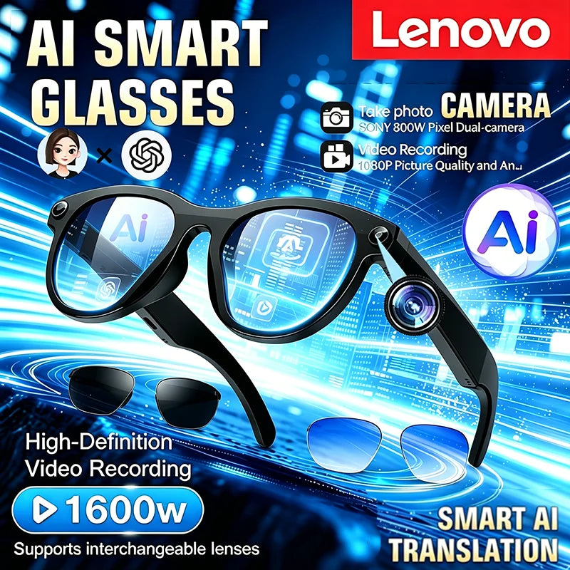 Lenovo HOT1600W Camera AI Smart Glasses HD Video Recording Real-time Translation AI Recognition Wifi Transmission Music Control