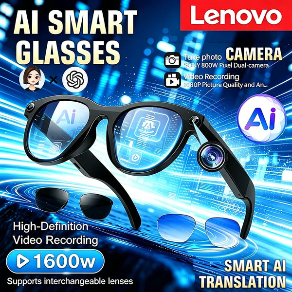 Lenovo HOT1600W Camera AI Smart Glasses HD Video Recording Real-time Translation AI Recognition Wifi Transmission Music Control - QueensalesOF