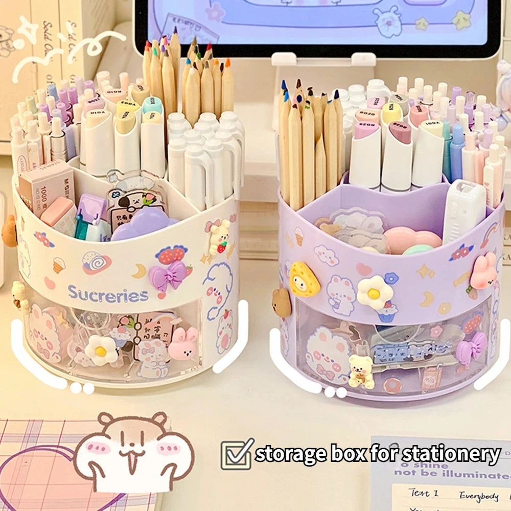 Cute Rotating Pen Holder Desktop Drawer Stationery Box Case School Office Desk Kawaii Stationery Storage Box Organizer Stickers - QueensalesOF