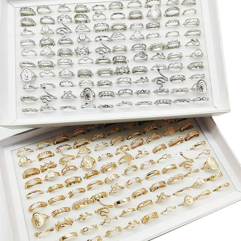 30pc/Lot Gold Color Finger Rings For Girls New Love Snake Animal Butterfly Cutout Star Pearl Thin Joint Ring Party Jewelry Women - QueensalesOF