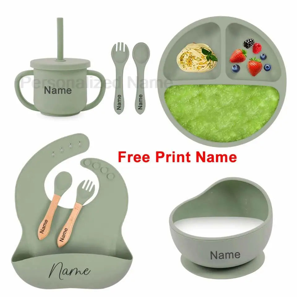 8Pcs Feeding Set For Baby Personalized Name Silicone Tableware Sucker Bowl Plate For Kids Feeding Cup With Straw Dinner Plate