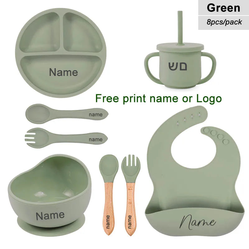 8Pcs Feeding Set For Baby Personalized Name Silicone Tableware Sucker Bowl Plate For Kids Feeding Cup With Straw Dinner Plate