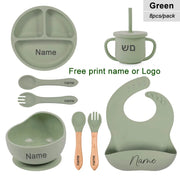 8Pcs Feeding Set For Baby Personalized Name Silicone Tableware Sucker Bowl Plate For Kids Feeding Cup With Straw Dinner Plate - QueensalesOF