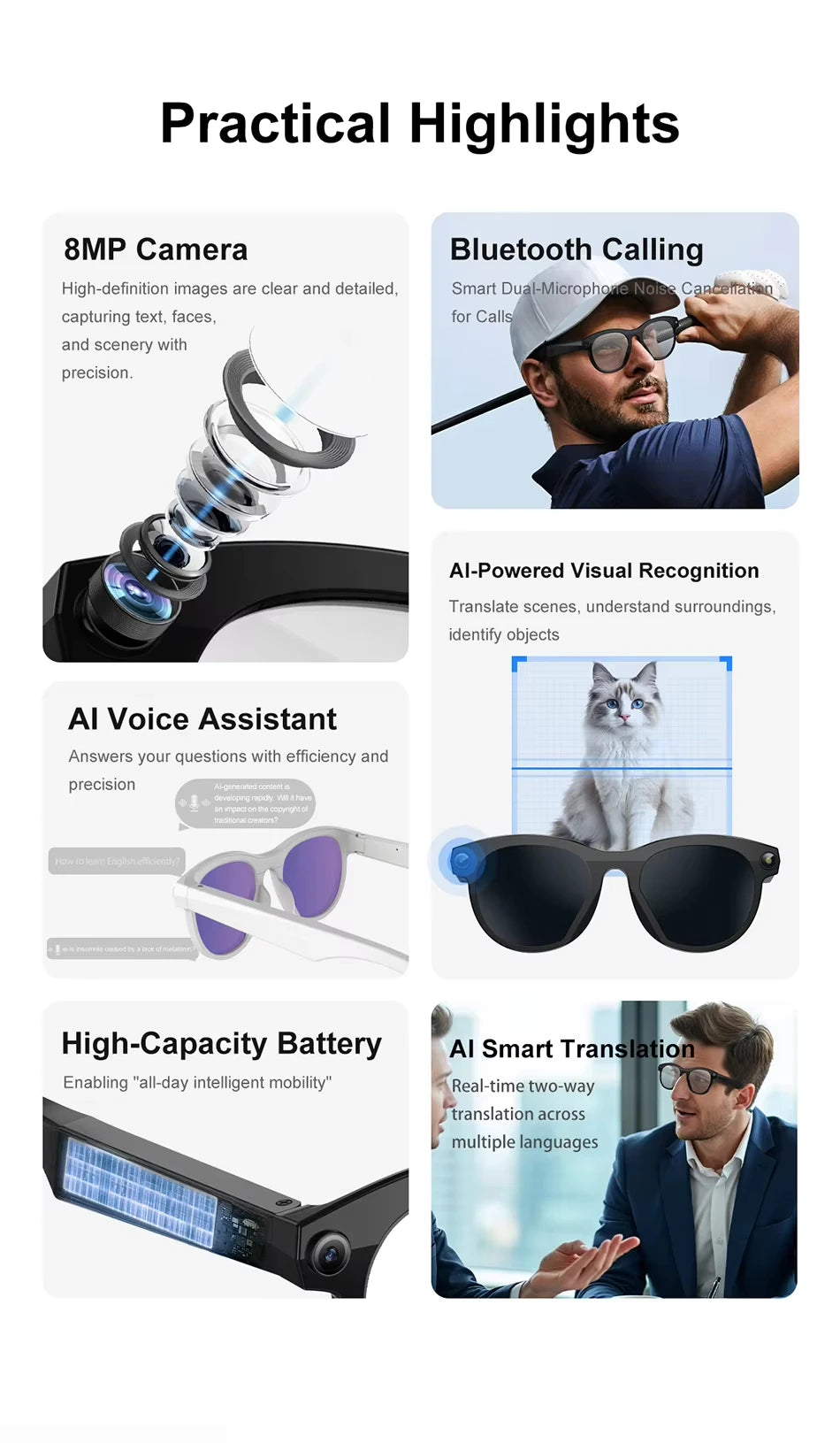 Lenovo HOT1600W Camera AI Smart Glasses HD Video Recording Real-time Translation AI Recognition Wifi Transmission Music Control