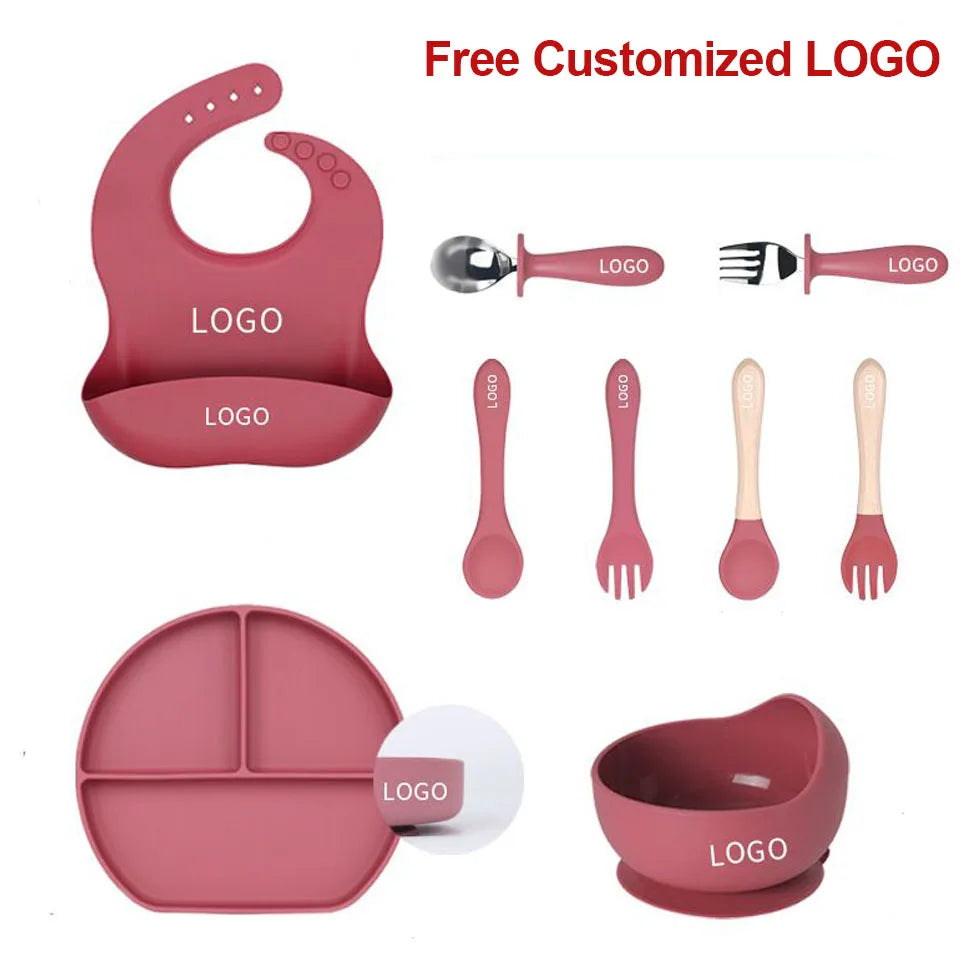 8Pcs Feeding Set For Baby Personalized Name Silicone Tableware Sucker Bowl Plate For Kids Feeding Cup With Straw Dinner Plate