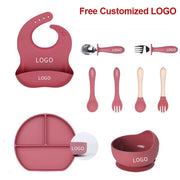 8Pcs Feeding Set For Baby Personalized Name Silicone Tableware Sucker Bowl Plate For Kids Feeding Cup With Straw Dinner Plate - QueensalesOF