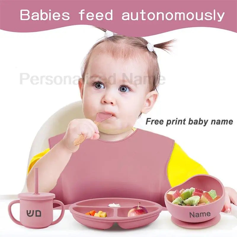 8Pcs Feeding Set For Baby Personalized Name Silicone Tableware Sucker Bowl Plate For Kids Feeding Cup With Straw Dinner Plate