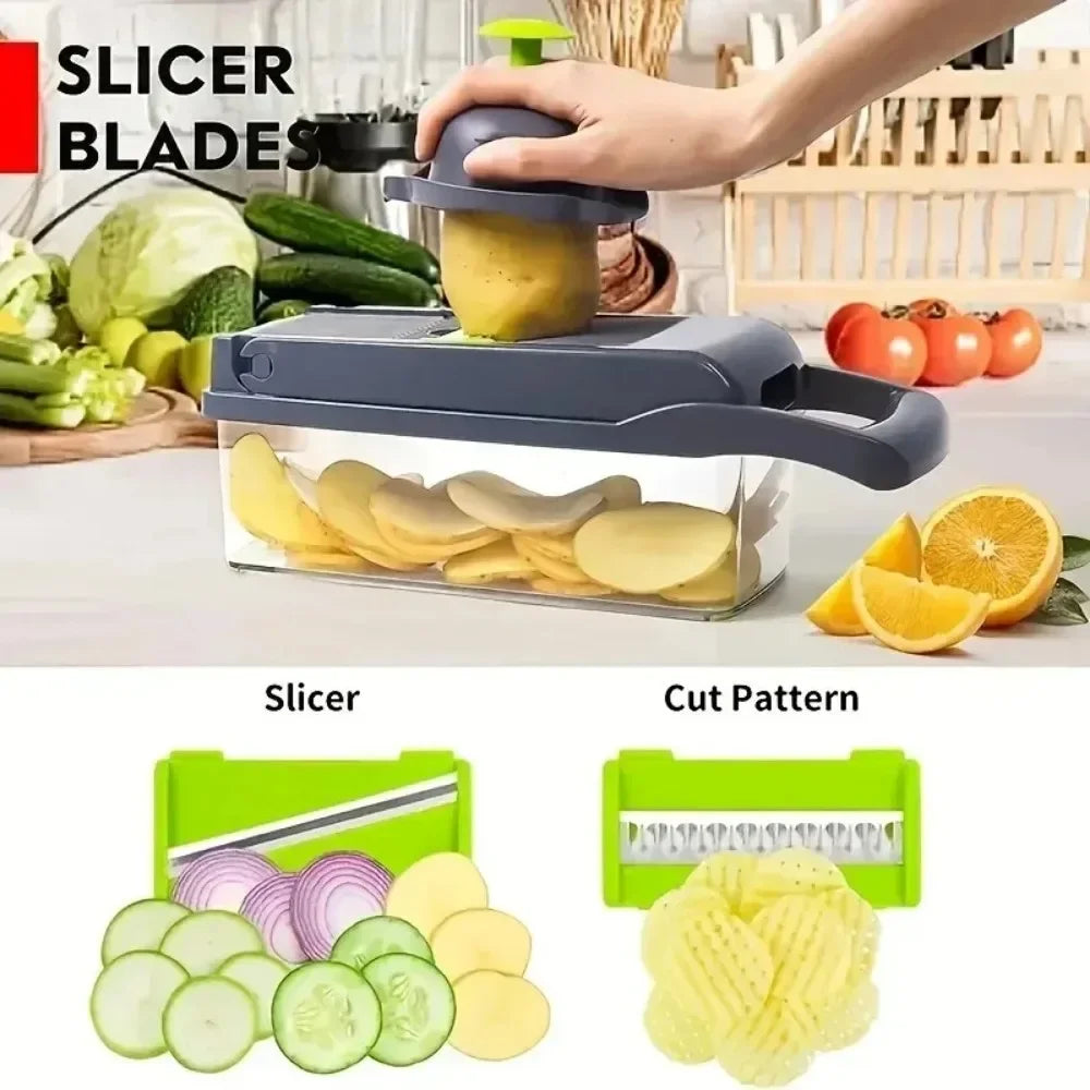 Multifunctional Vegetable Chopper 14/16 in 1 Food Slicer Dicer Grater with Handle, Kitchen Vegetable Cutter Tools Set - QueensalesOF