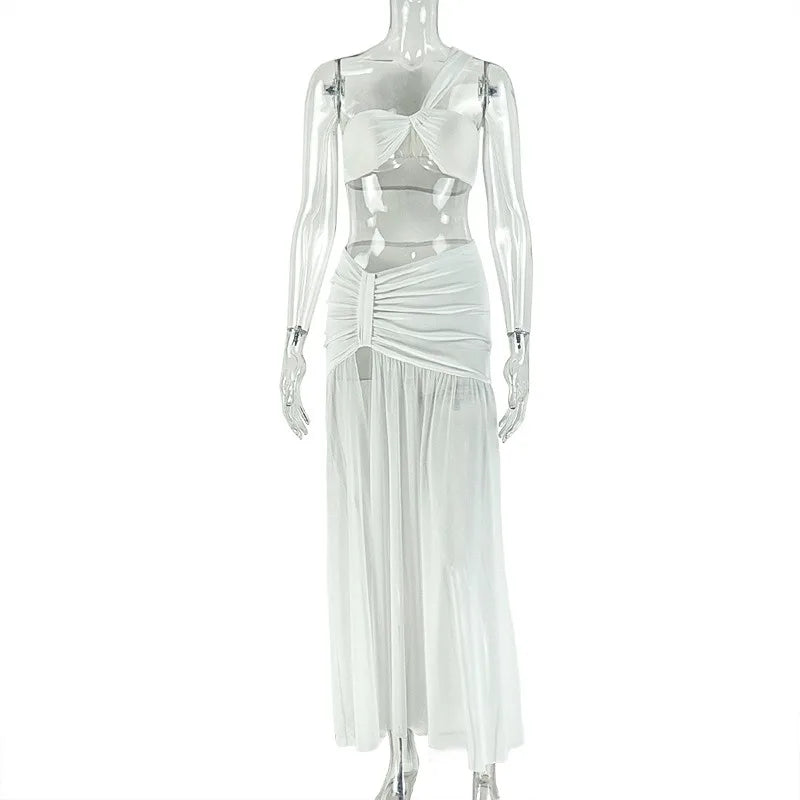 Women's One-Shoulder Strap Crop Bra Tops & Gauze Spliced Draped Split Long Skirt, 2pcs Set