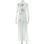 Women's One-Shoulder Strap Crop Bra Tops & Gauze Spliced Draped Split Long Skirt, 2pcs Set - QueensalesOF
