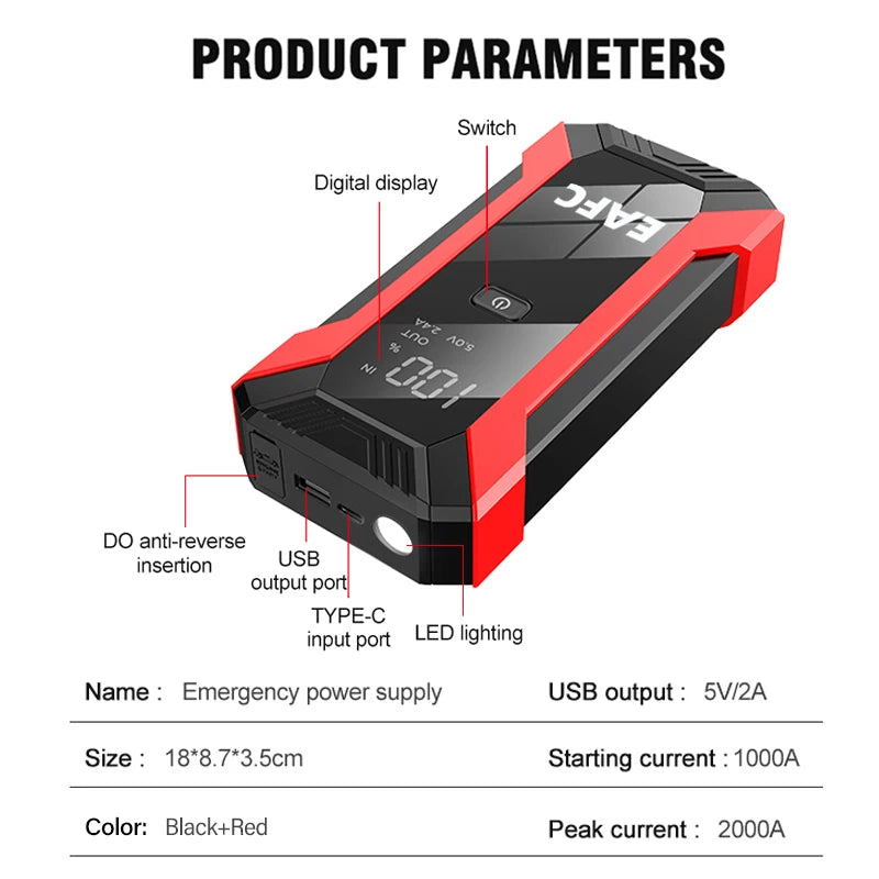 2000A/1200A Car Jump Starter Portable Power Bank 600A Car Battery Emergency Booster for Petrol Diesel 12V Car Starting Device