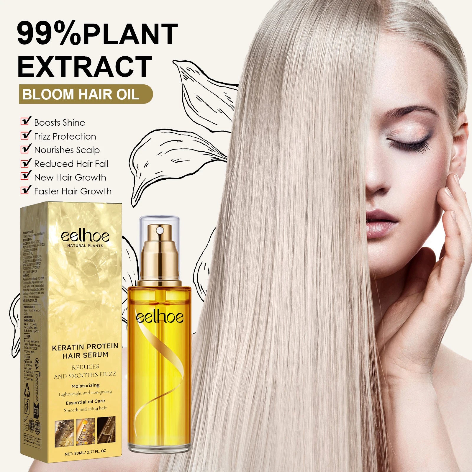 EELHOE Keratin Hair Growth Serum Natural Repair Essence Spray for Dry Curly Hair Hydrate Smooth Frizz Control Growing Hair Care