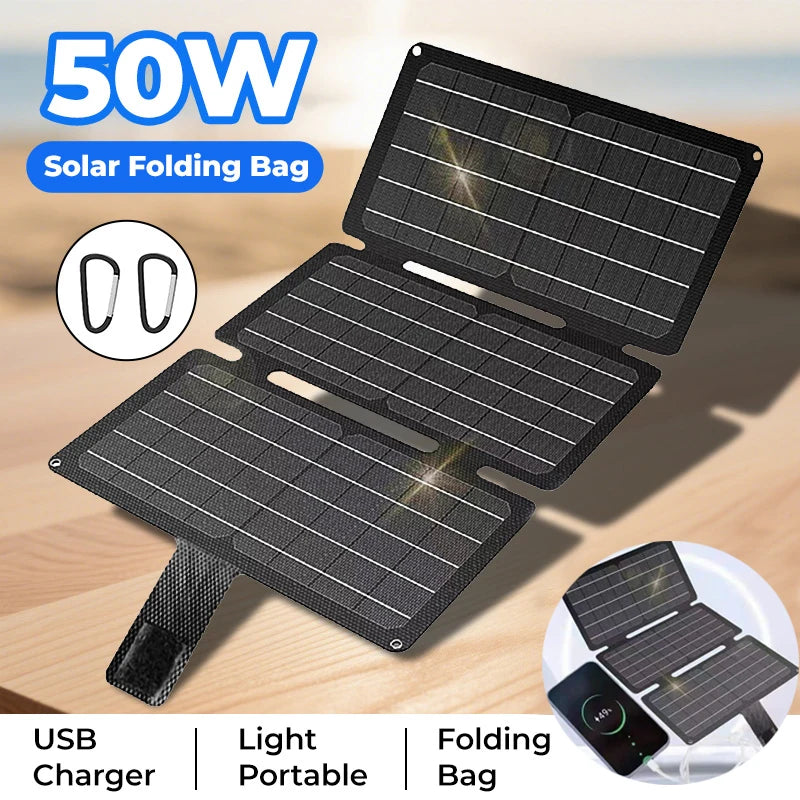 50W Foldable Solar Panel 5V USB Portable Battery Charger for Cell Phone Outdoor Waterproof Power Bank for Camping Accessories