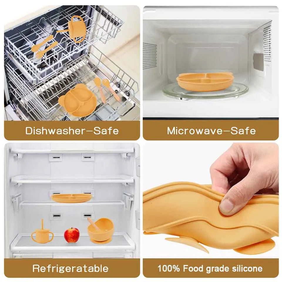 8Pcs Feeding Set For Baby Personalized Name Silicone Tableware Sucker Bowl Plate For Kids Feeding Cup With Straw Dinner Plate