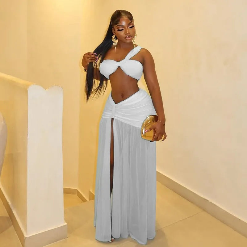 Women's One-Shoulder Strap Crop Bra Tops & Gauze Spliced Draped Split Long Skirt, 2pcs Set