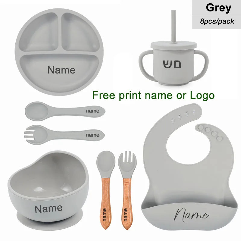 8Pcs Feeding Set For Baby Personalized Name Silicone Tableware Sucker Bowl Plate For Kids Feeding Cup With Straw Dinner Plate