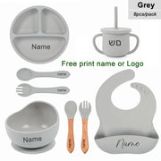 8Pcs Feeding Set For Baby Personalized Name Silicone Tableware Sucker Bowl Plate For Kids Feeding Cup With Straw Dinner Plate - QueensalesOF