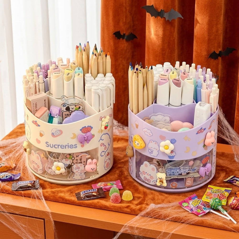Cute Rotating Pen Holder Desktop Drawer Stationery Box Case School Office Desk Kawaii Stationery Storage Box Organizer Stickers