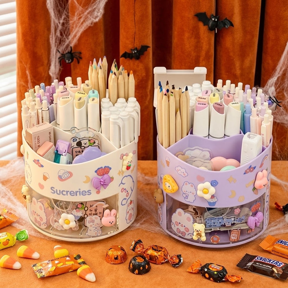 Cute Rotating Pen Holder Desktop Drawer Stationery Box Case School Office Desk Kawaii Stationery Storage Box Organizer Stickers