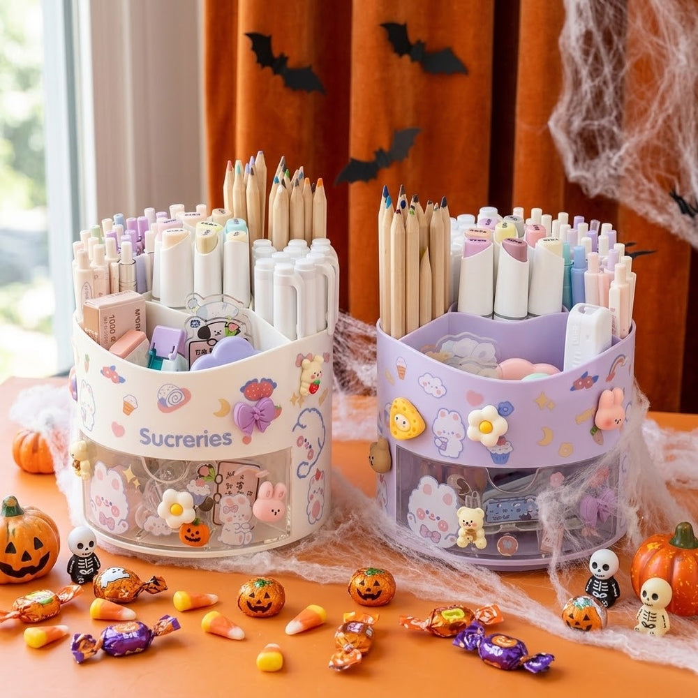 Cute Rotating Pen Holder Desktop Drawer Stationery Box Case School Office Desk Kawaii Stationery Storage Box Organizer Stickers