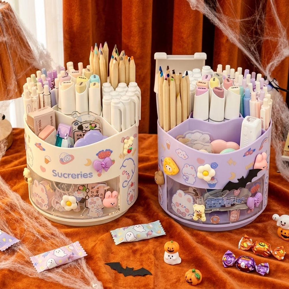 Cute Rotating Pen Holder Desktop Drawer Stationery Box Case School Office Desk Kawaii Stationery Storage Box Organizer Stickers